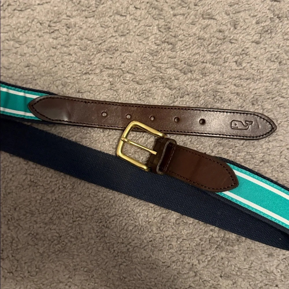 Vineyard Vines Men’s Belt - Size 36 - Leather/Teal White Stripe - Picture 3 of 4